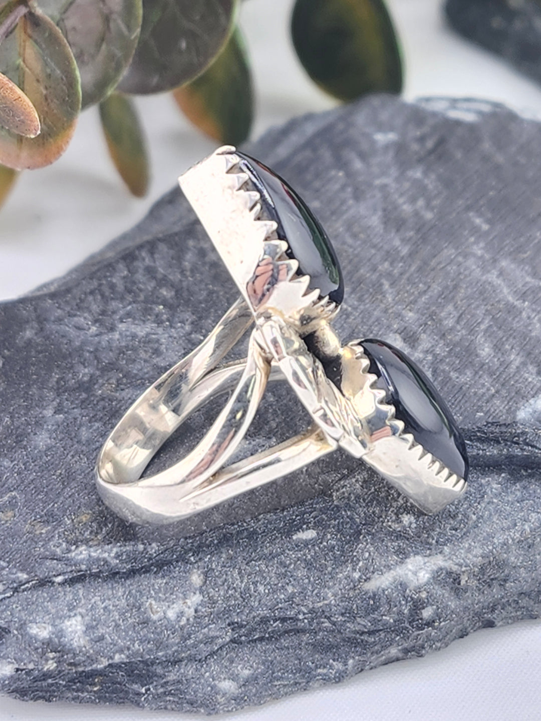 Black Onyx Double Stone and 925 Sterling Silver Ring - Size 6