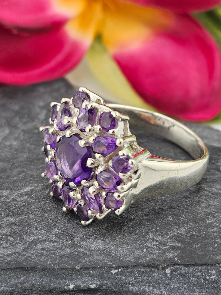 Cluster Amethyst Flower Ring Size 9