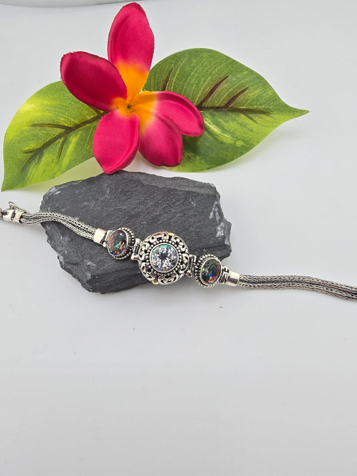 Real Mystic and Sunset Mystic Topaz 925 Sterling Silver and 18k Gold Accented Bali Bracelet 7.25"