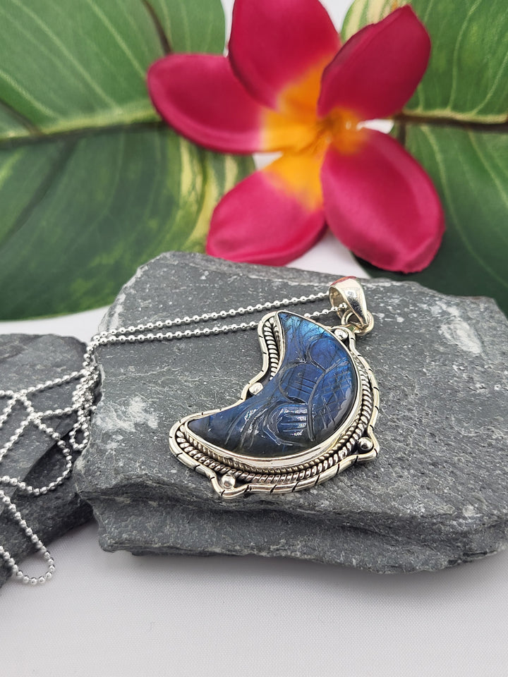 Carved Blue Labradorite Crescent Moon Necklace