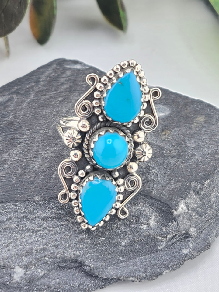 American Turquoise Triple Stone and 925 Sterling Silver Ring - Size 6