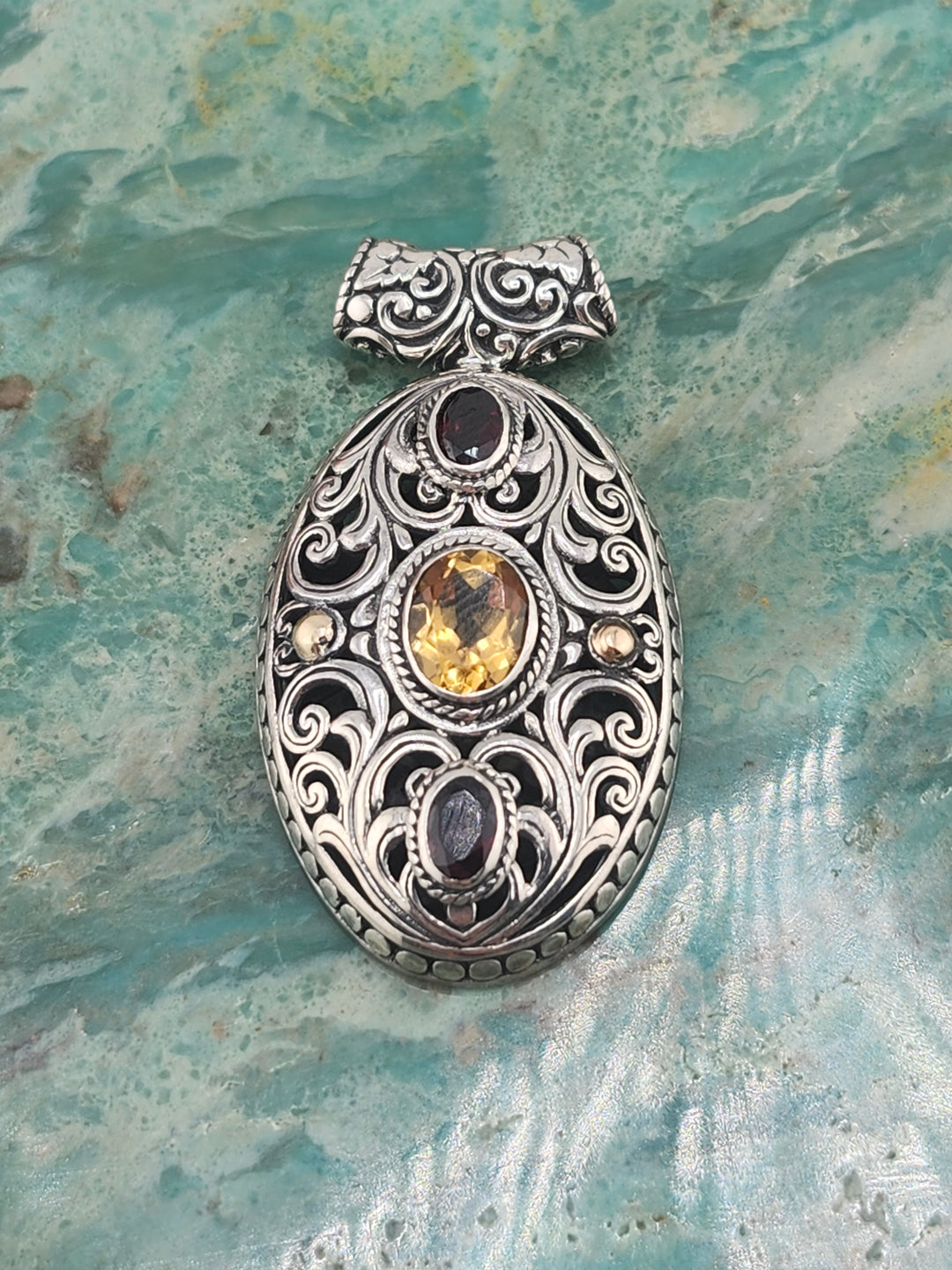 Bali 925 Sterling Silver/18K and Mixed Gemstone Pendant