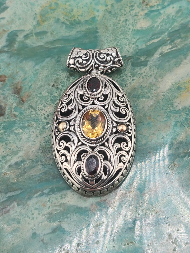 Bali 925 Sterling Silver/18K and Mixed Gemstone Pendant