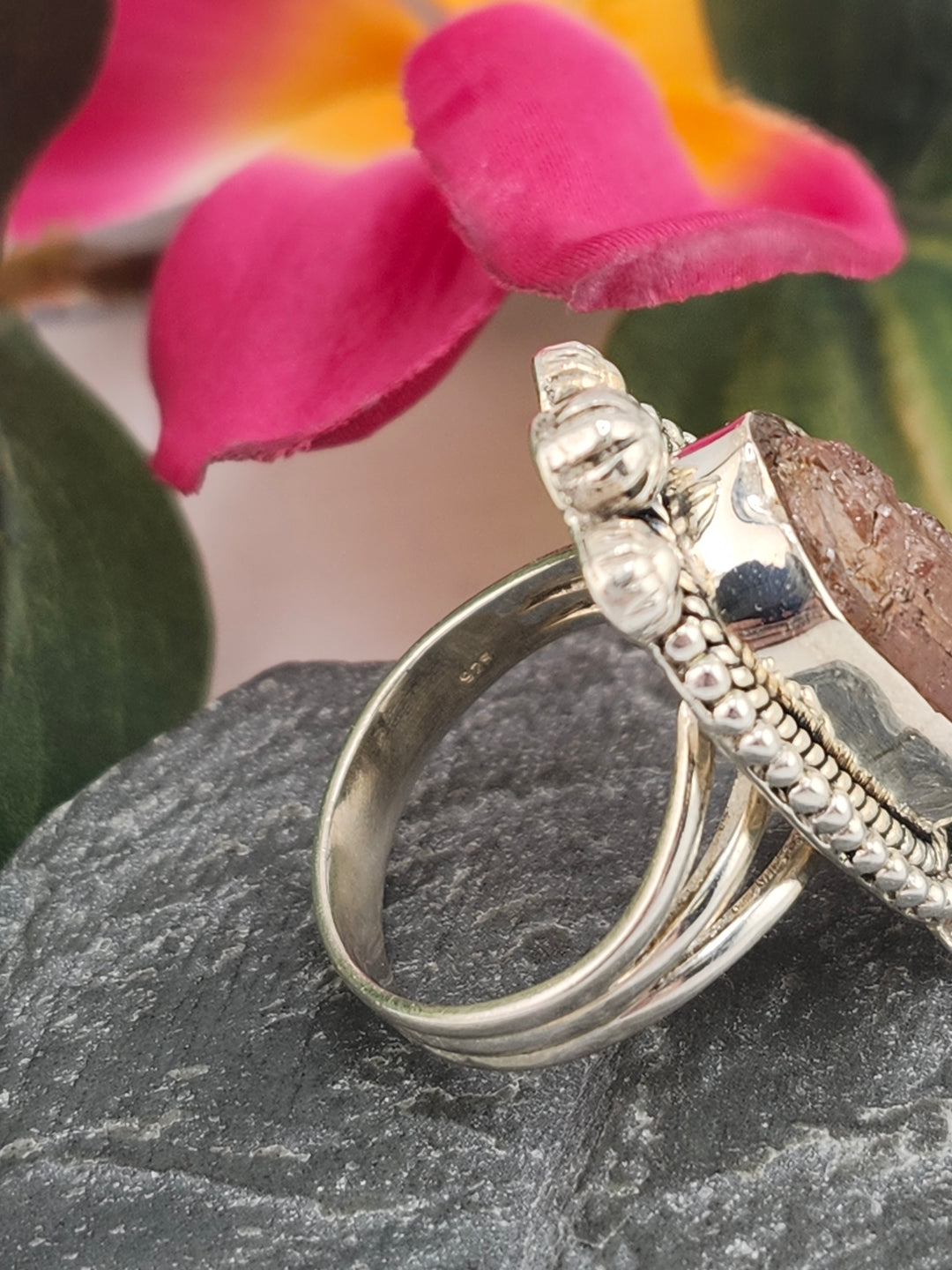 Raw Pink Tourmaline and 925 Sterling Silver Ring - Size 9.5