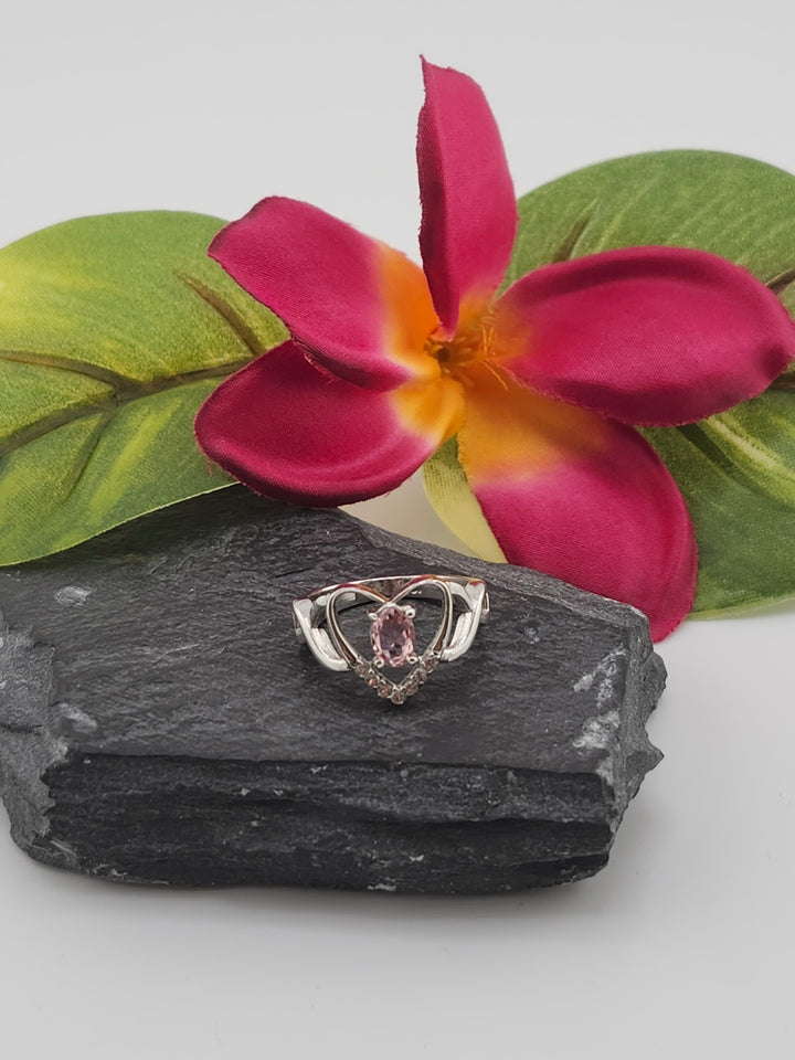 Tourmaline and 925 Sterling Silver Heart Ring with cz