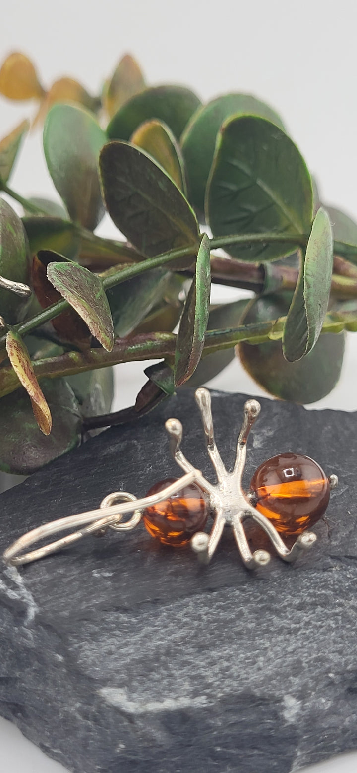 Designer SOMS 925 Sterling Silver &amp; Baltic Amber Ant Earrings