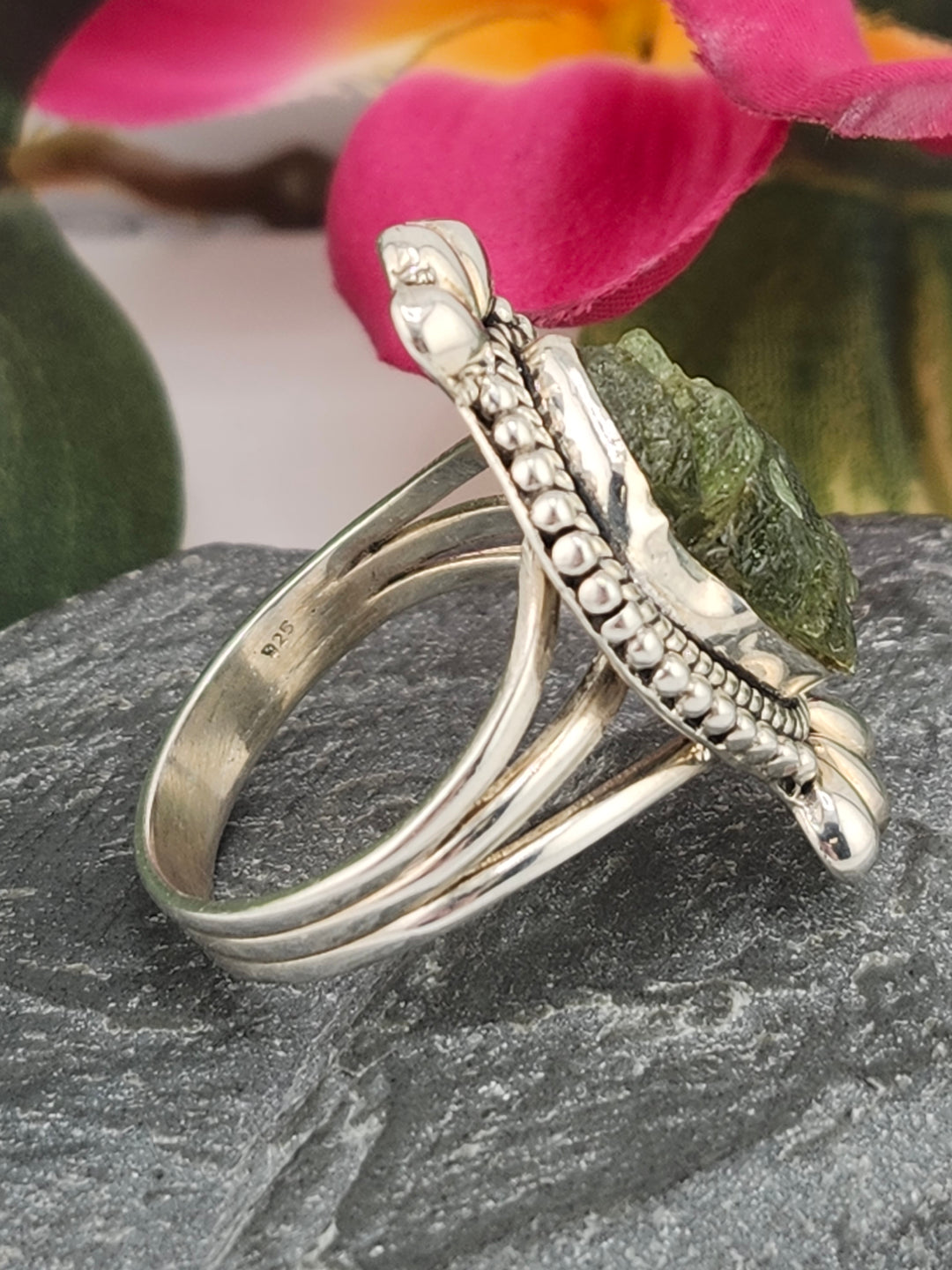 Raw Green Tourmaline and 925 Sterling Silver Ring - Size 11.25