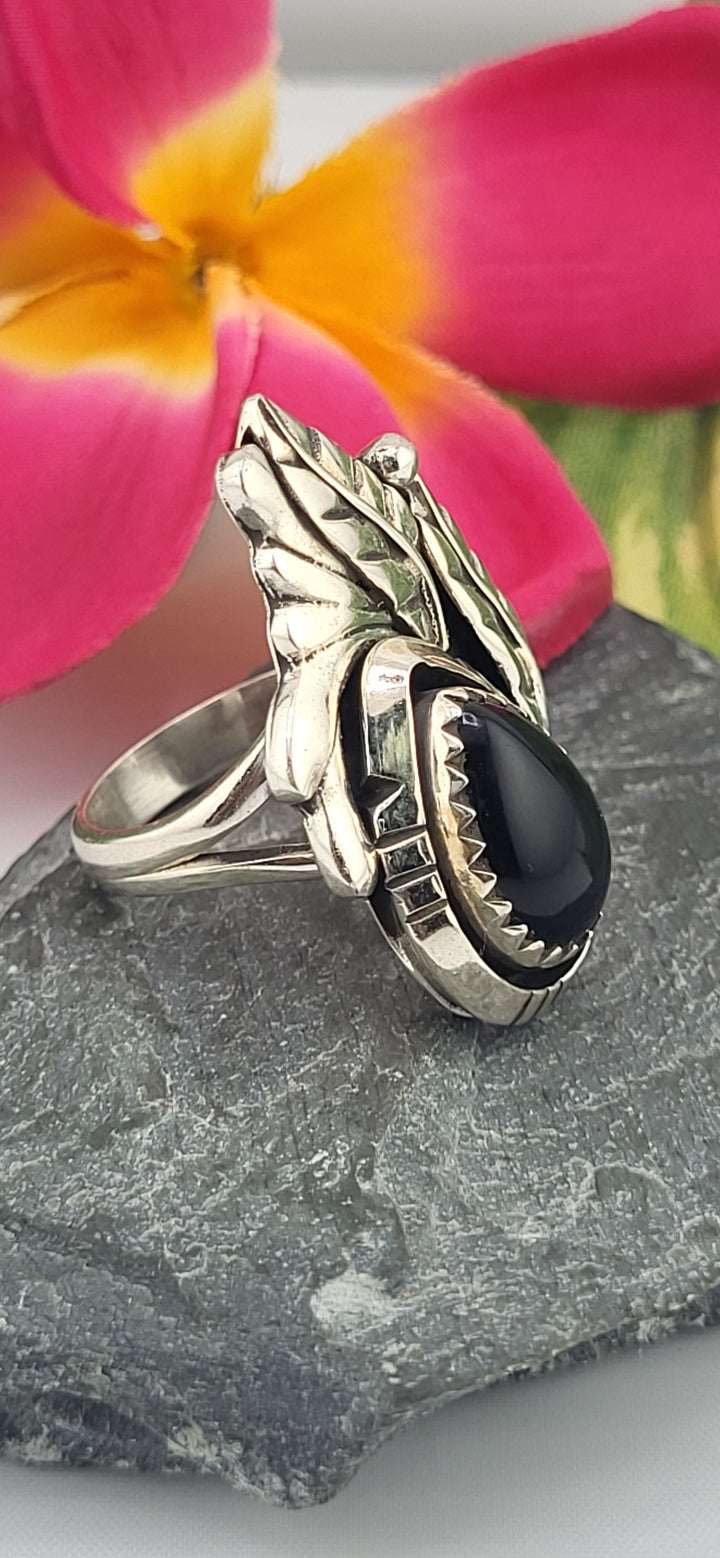 Onyx Teardrop 925 Sterling Silver Leafs Ring Size 7
