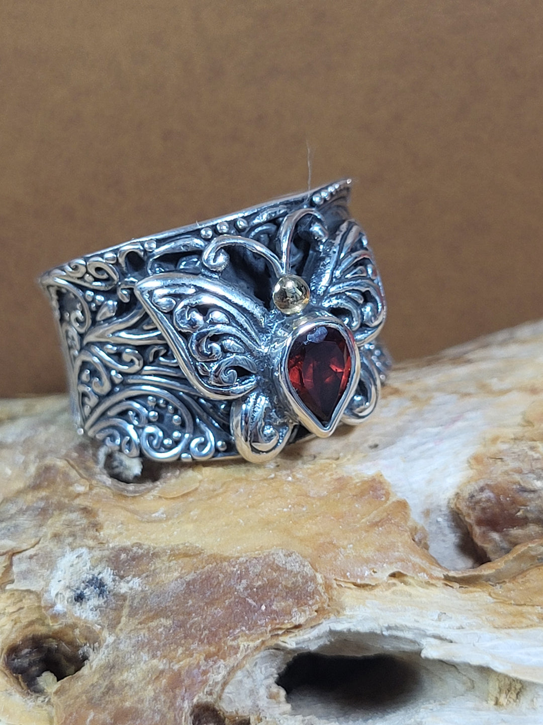 Natural Garnet with 18k Accent 925 Sterling Silver Butterfly Ring - Size 5