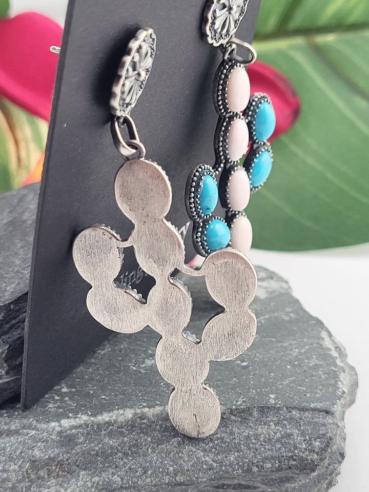 Queen Conch and Turquoise Cactus Stud Dangle Earrings