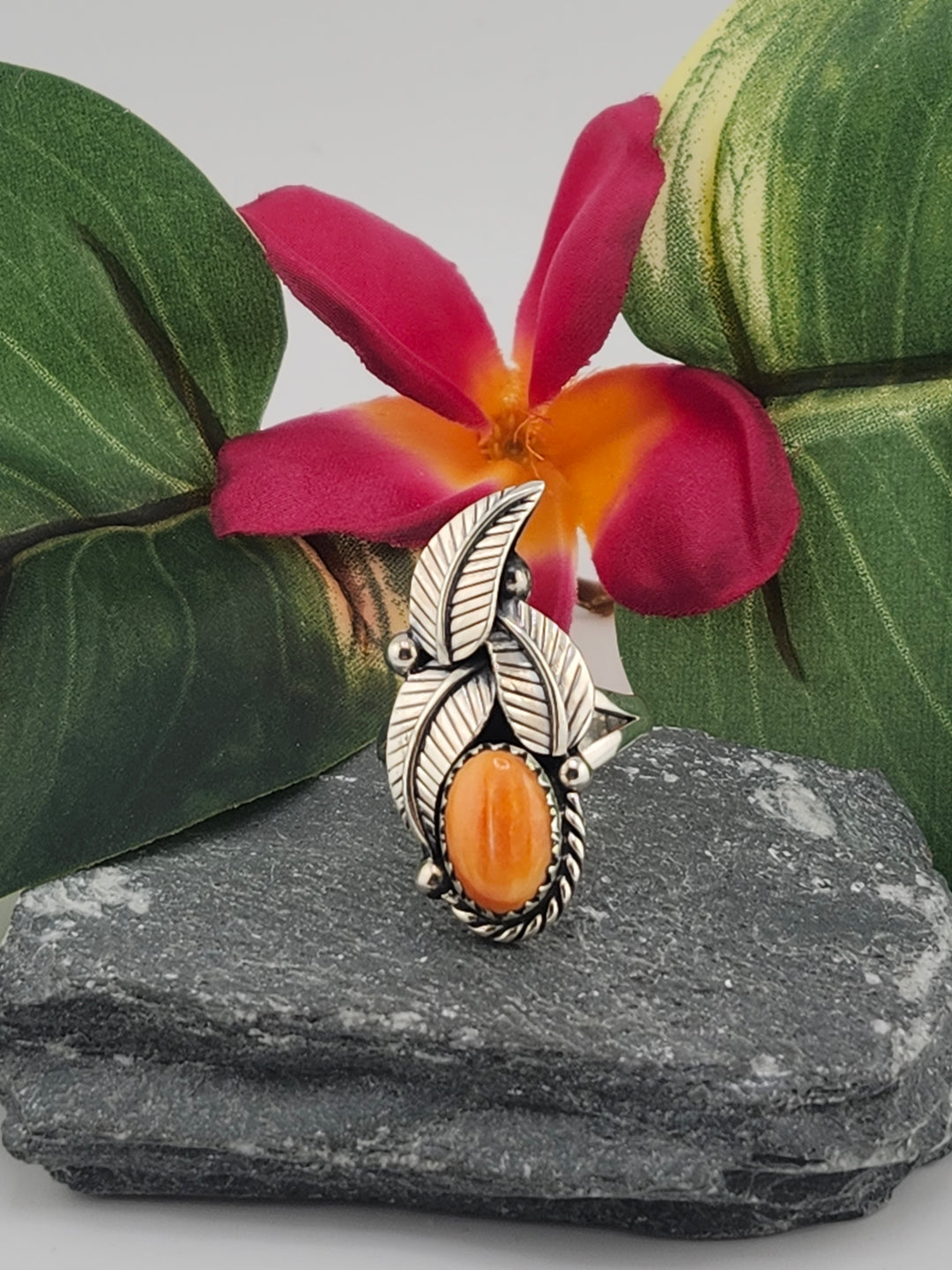 Orange Spiny Oyster Feather Ring Size 9.25