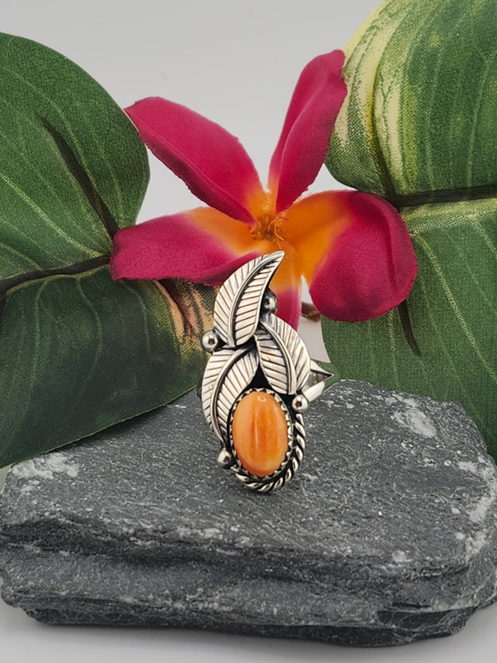 Orange Spiny Oyster Feather Ring Size 9.25