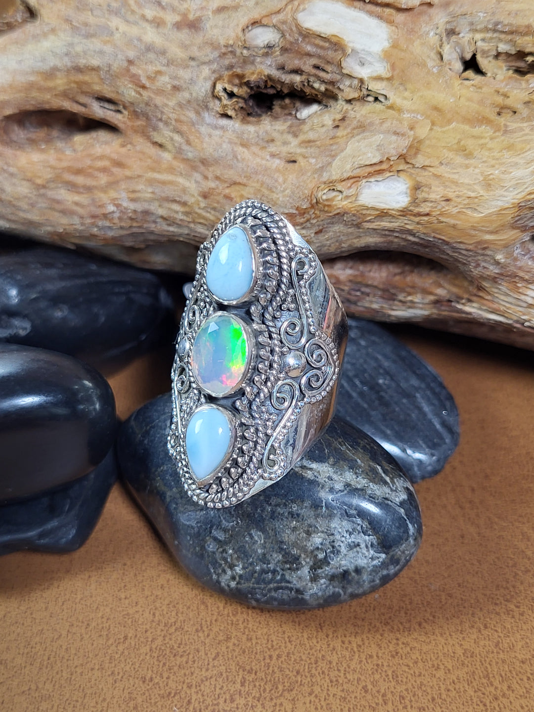 Natural Dominican Larimar/Ethiopian Opal 925 Sterling Silver Ring - Size 7