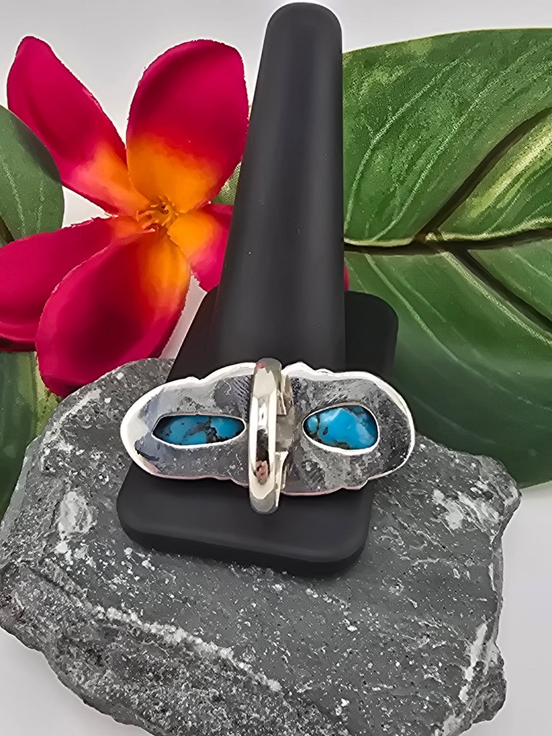 Double stone Kingman Turquoise sterling silver 925 ring size 7