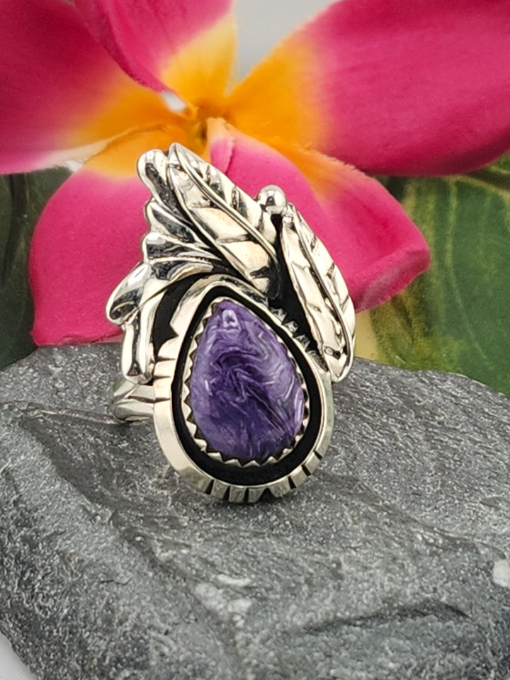 Charoite Teardrop & 925 Sterling Silver Leafs Ring Size 8