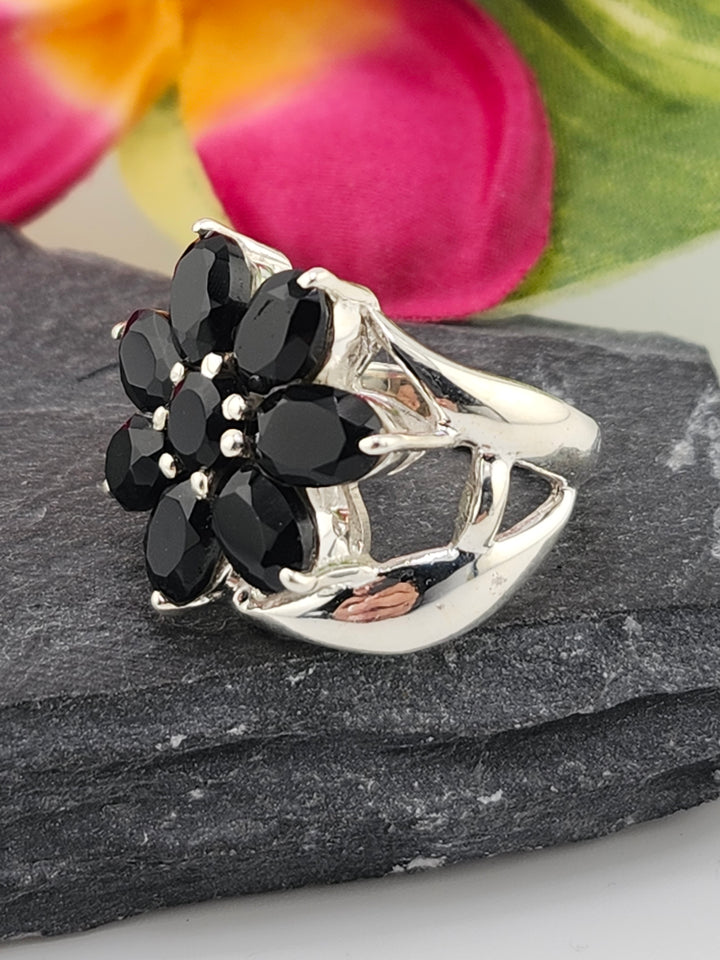 Cluster Black Onyx Flower Ring Size 6