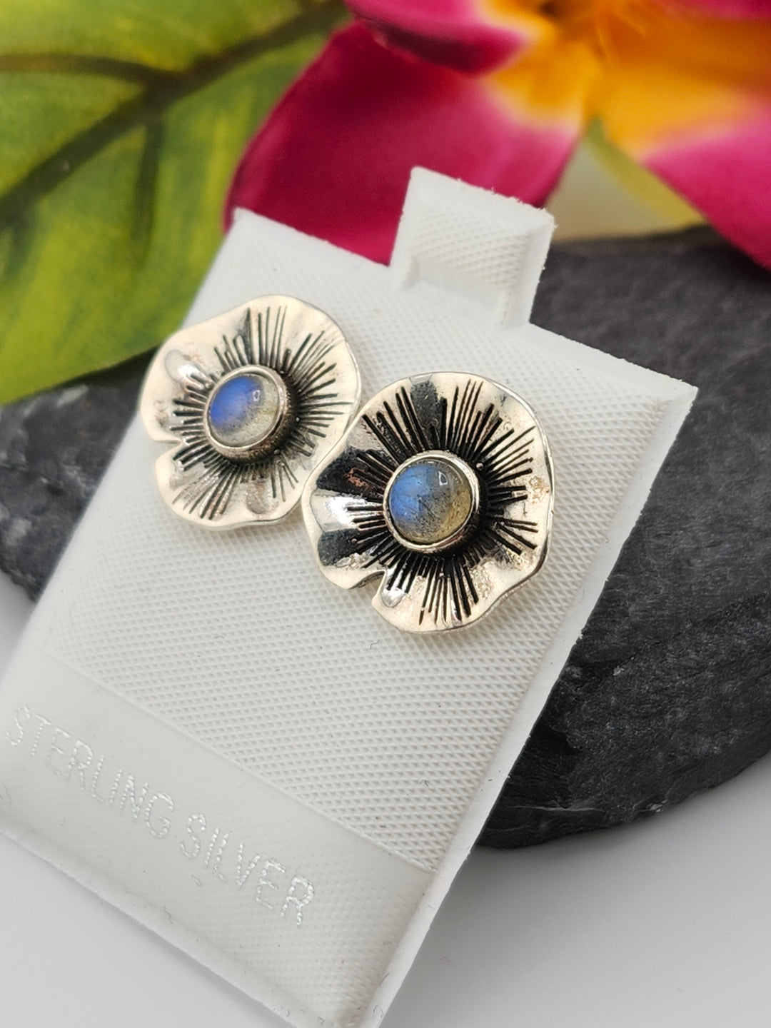Labradorite Flower & 925 Sterling Silver Stud Earrings