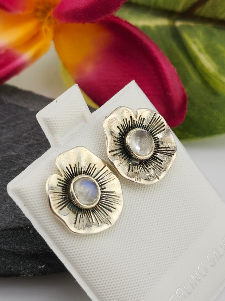Moonstone Flower & 925 Sterling Silver Stud Earrings