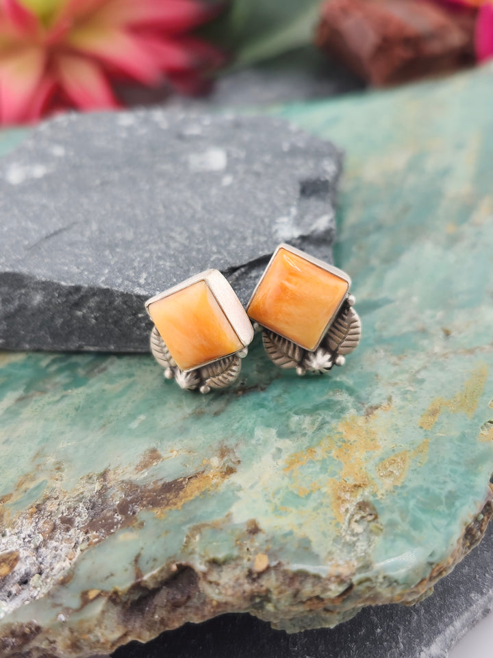 Southwest 925 Sterling Silver Orange Spiny Stud Earrings