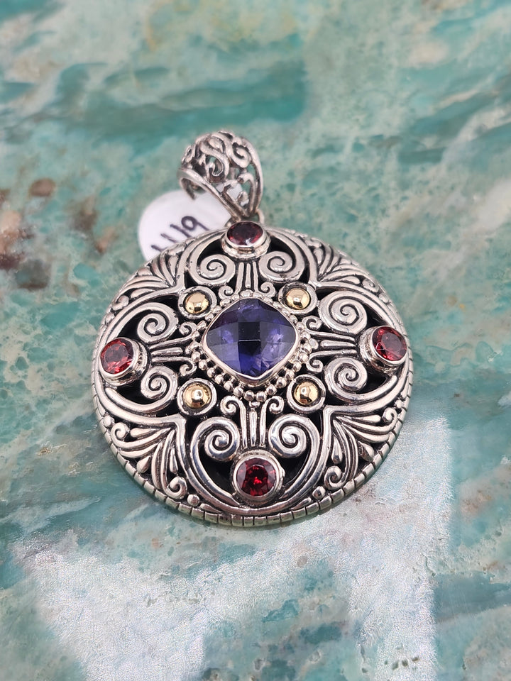 Bali 925 Sterling Silver/18K and Mixed Gemstone Pendant