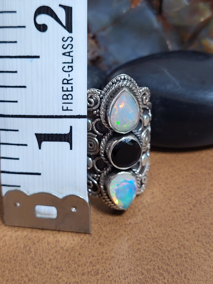 Natural Black Onyx and Ethiopian Opal Ring Size 5 -925 Sterling Silver