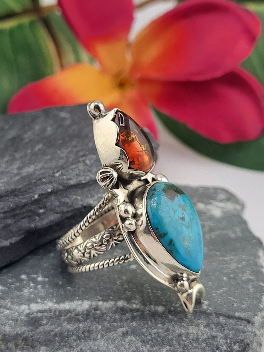 Turquoise & Baltic Amber Ring Size 7