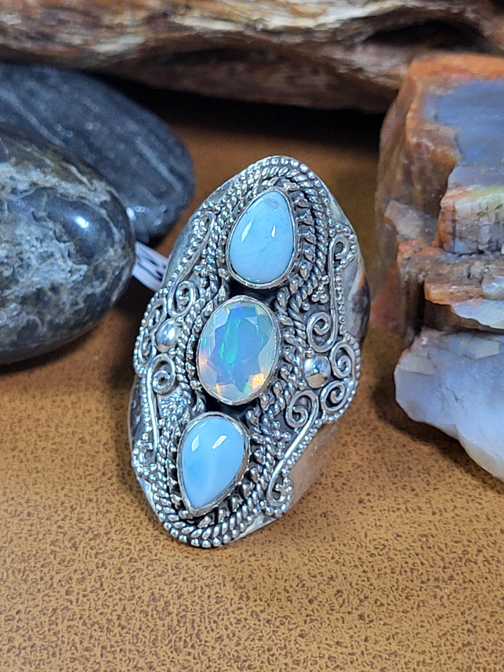 Natural Dominican Larimar/Ethiopian Opal 925 Sterling Silver Ring - Size 7