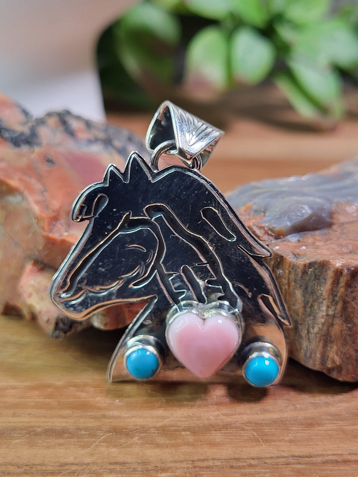 Natural Queen Conch & Turquoise Horse Pendant 925 Sterling Silver