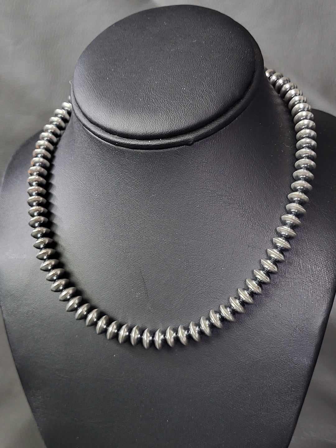Oxidized 925 Sterling Silver Saucer Bead Necklace 8mm 14" + 2" extension
