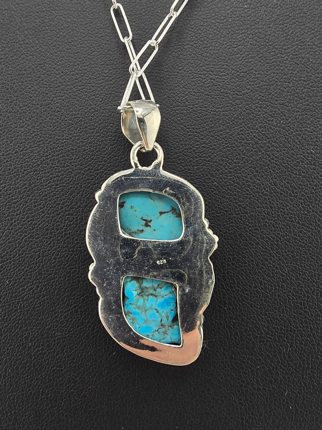 Raw Kingman Turquoise double stone 925 sterling silver pendant w/ 18" 3mm paperclip Chain