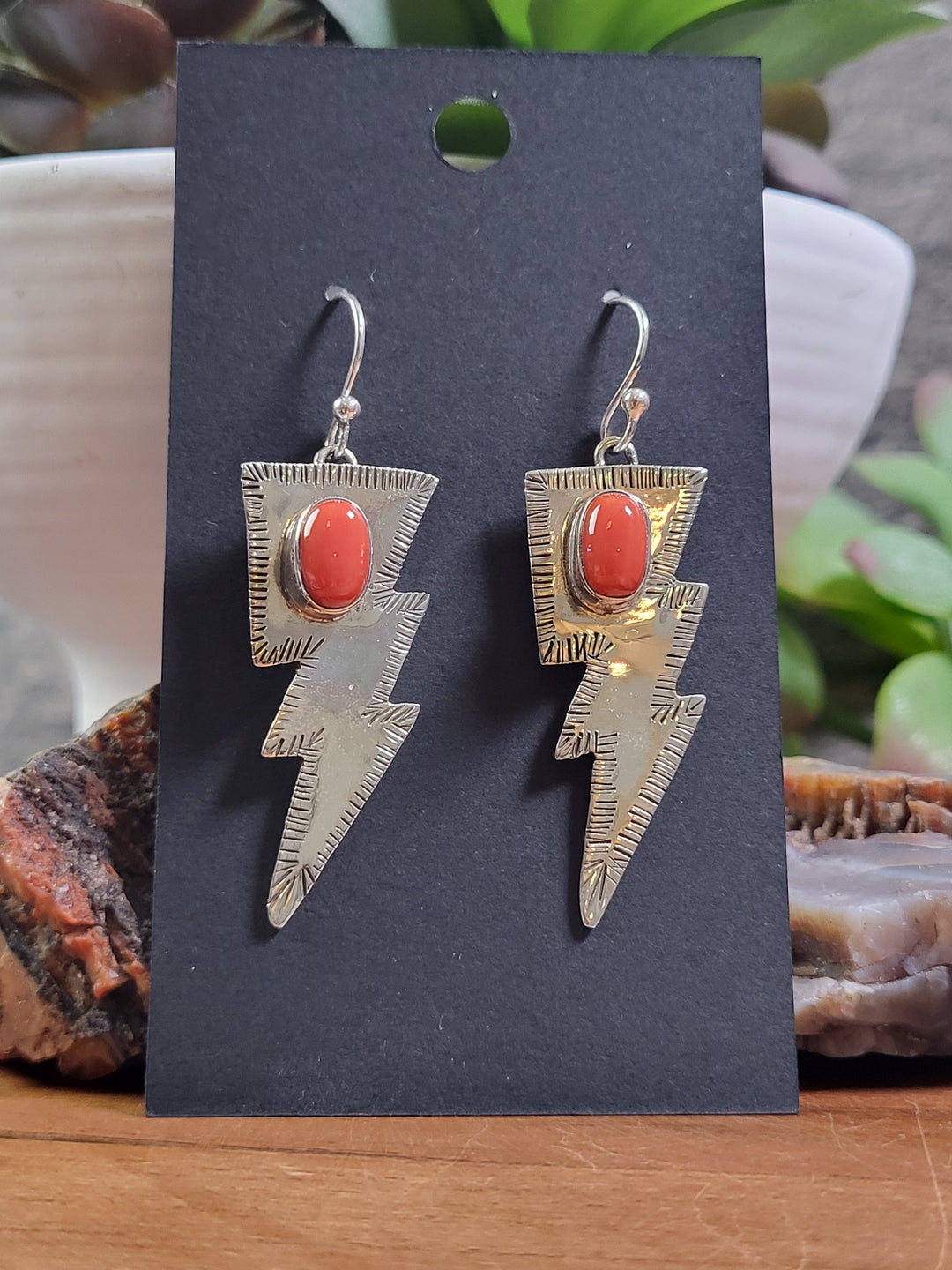 Natural Coral Lightning Bolt Earrings 925 Sterling Silver