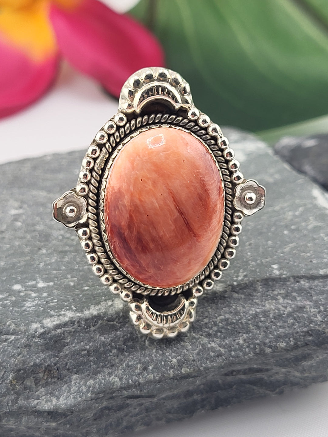Natural Red Spiny Oyster/925 Sterling Silver Ring - Size 11