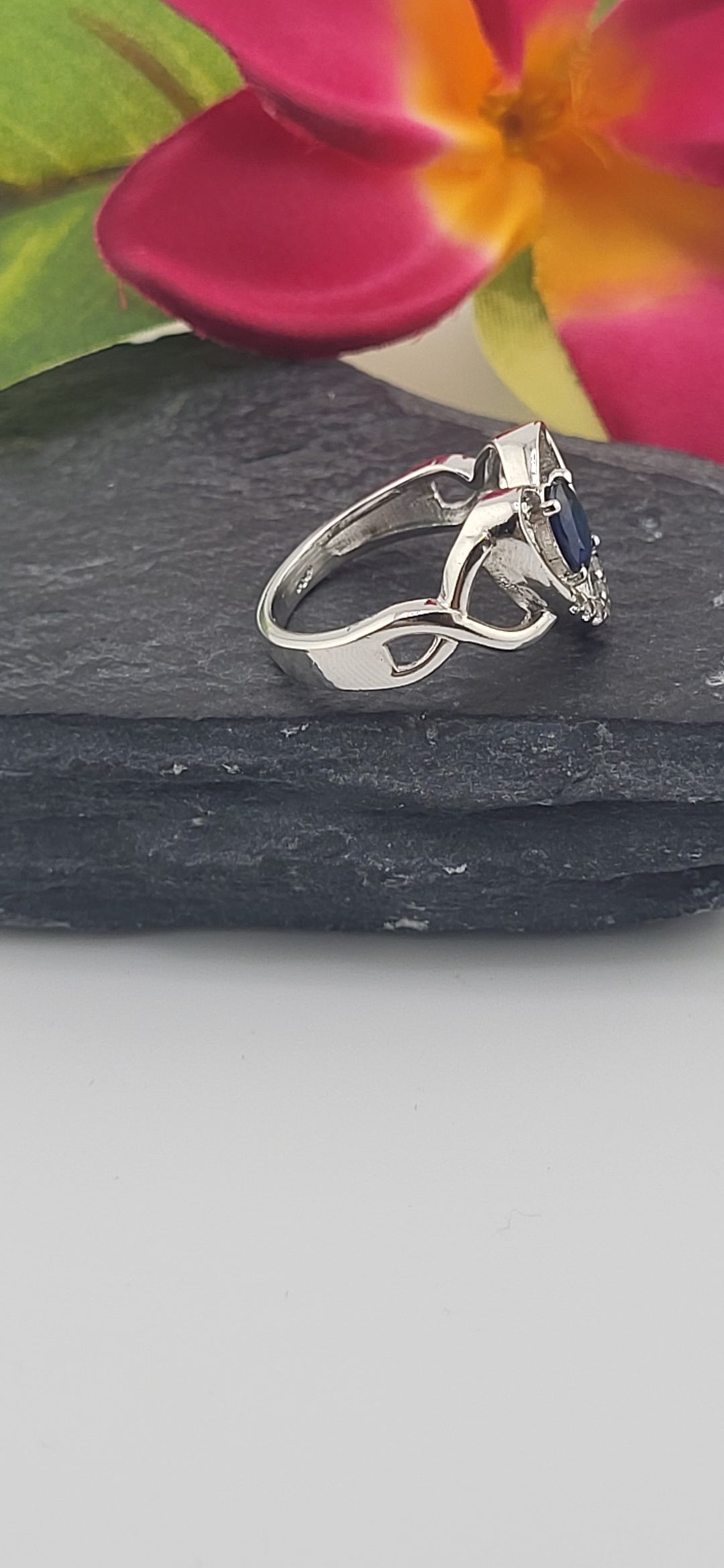 Sapphire and 925 Sterling Silver Heart Ring with cz