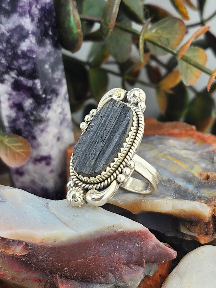 Raw Black Tourmaline 925 Sterling Silver Ring Size 8