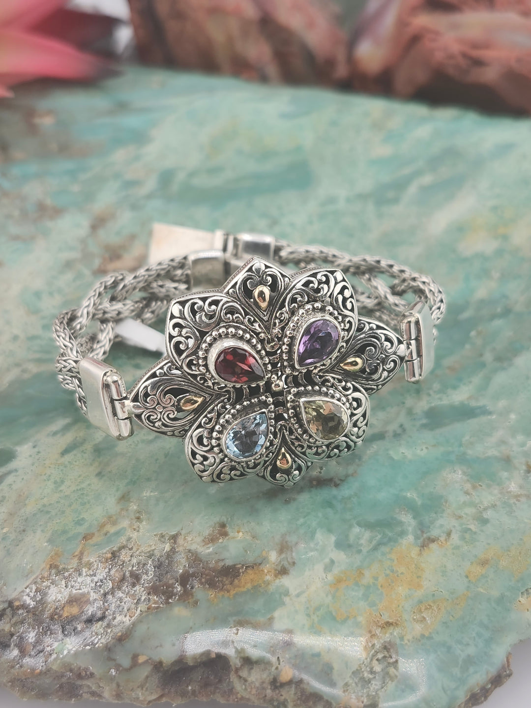 Bali 925 Sterling Silver/18K and Mixed Gemstone Bracelet - 6-1/2"