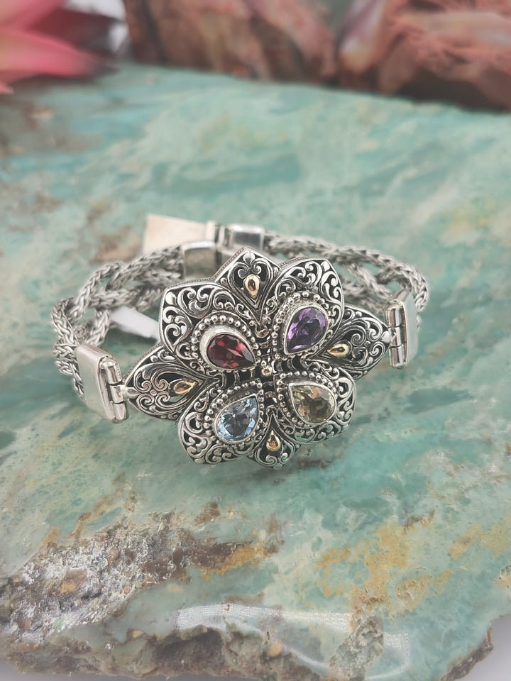 Bali 925 Sterling Silver/18K and Mixed Gemstone Bracelet - 6-1/2"