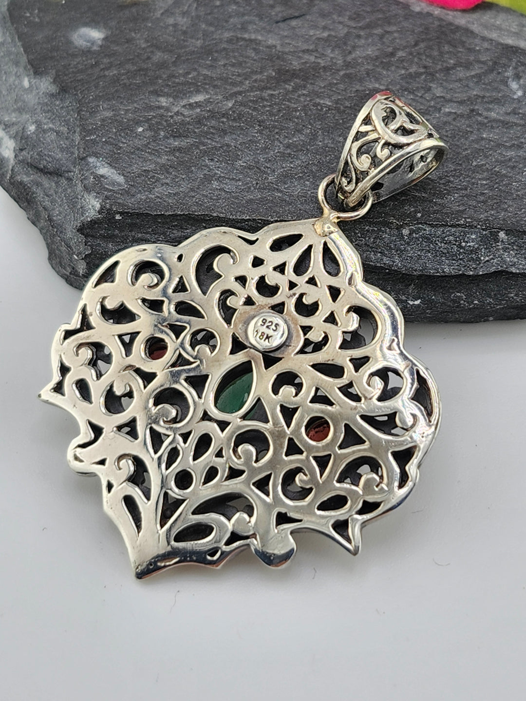 Green Quartz/Garnet & 18k Accented Bali Pendant