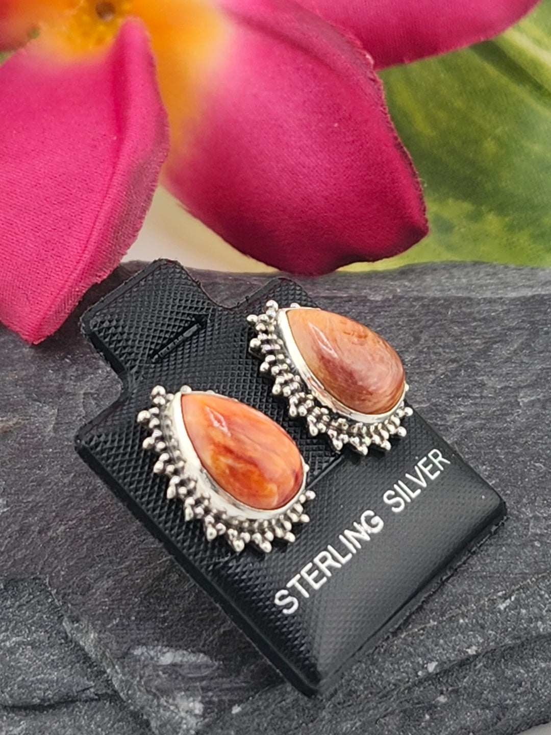 Orange Spiny Oyster Teardrop Stud Earrings