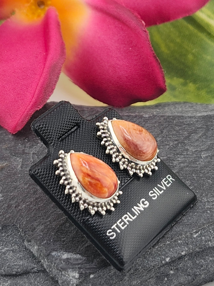 Orange Spiny Oyster Teardrop Stud Earrings
