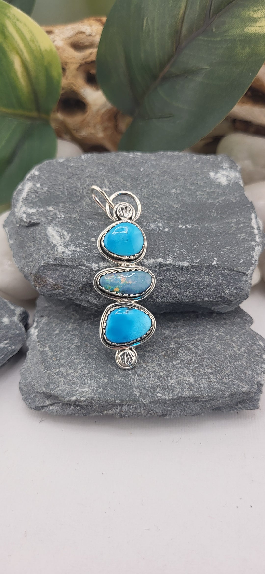 Blue Kingman turquoise and Australian opal dublet Southwest Pendant