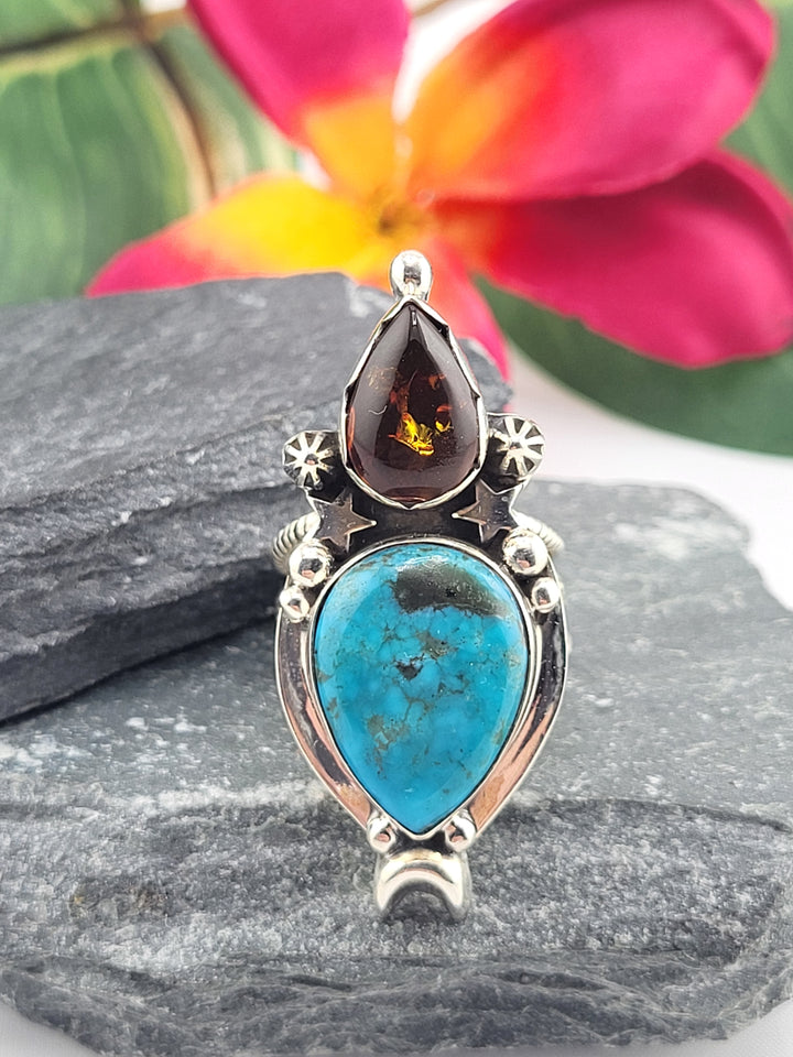 Turquoise & Baltic Amber Ring Size 7