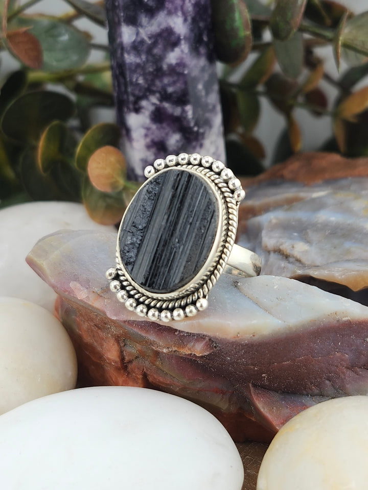 Raw Black Tourmaline 925 Sterling Silver Ring Size 9