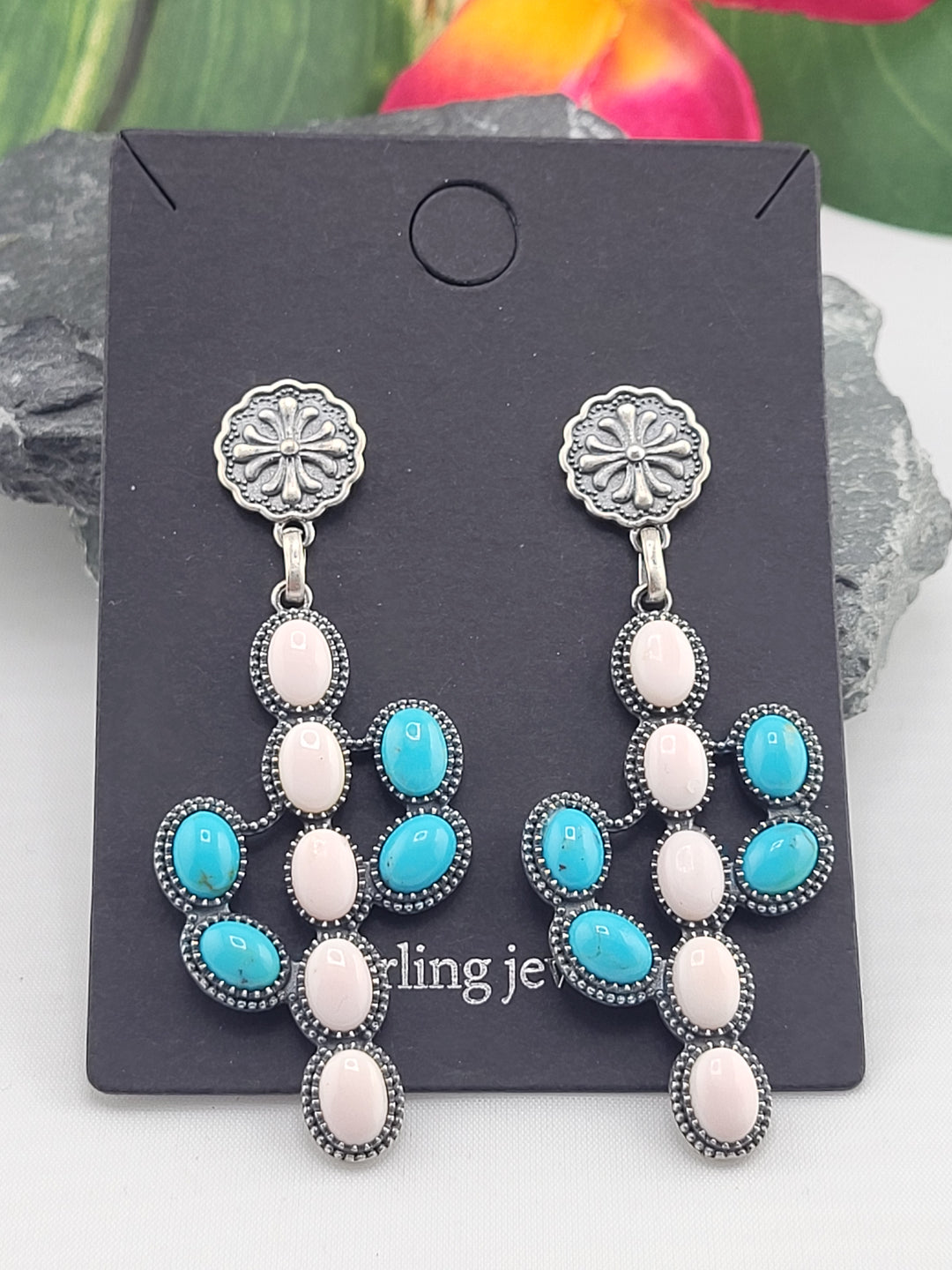 Queen Conch and Turquoise Cactus Stud Dangle Earrings
