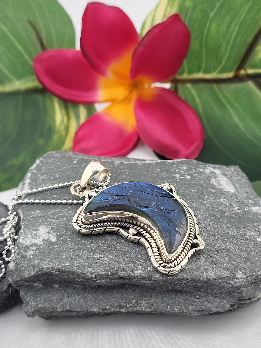 Carved Blue Labradorite Crescent Moon Necklace