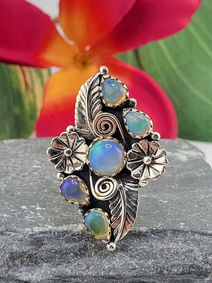 5 stone Ethiopian Opal Cluster Ring Size 8