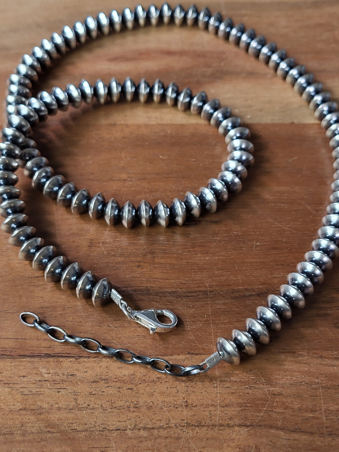 Oxidized Sterling Silver Saucer Bead Necklace 8mm 22"+2" extension