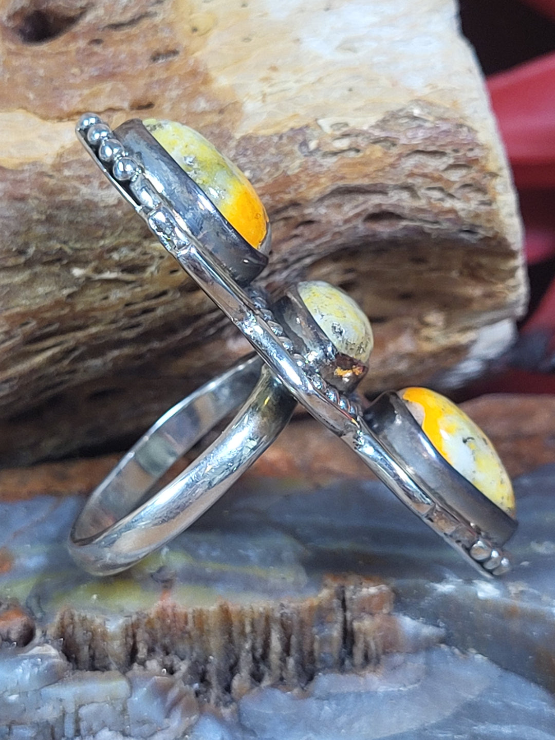 Natural Bumblebee Jasper 925 Sterling Silver Triple Stone Ring - Size 6