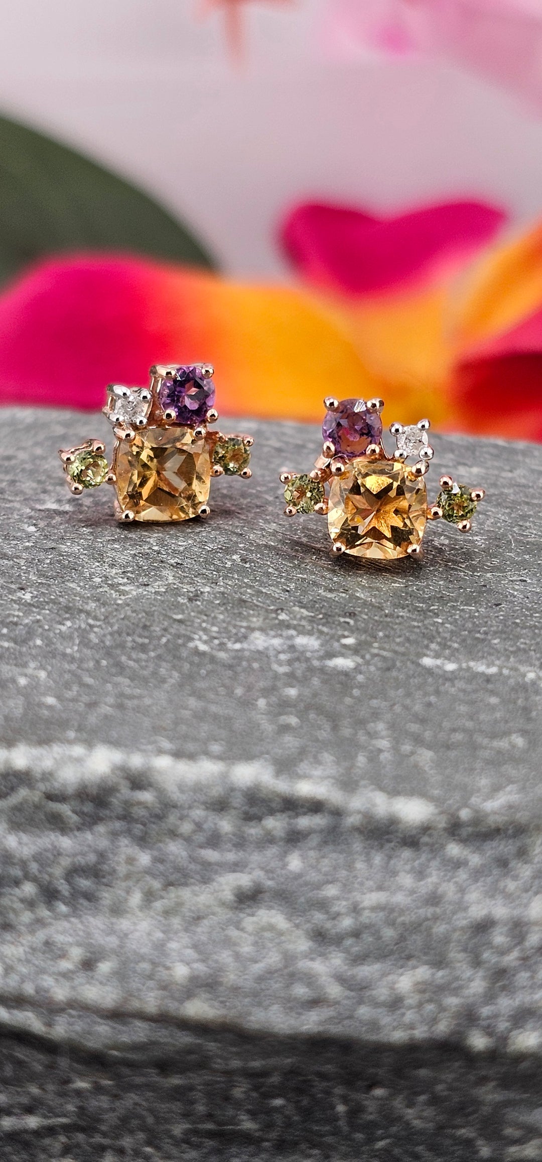 10k Rose Gold Natural Diamond and Gemstone Cluster Studs