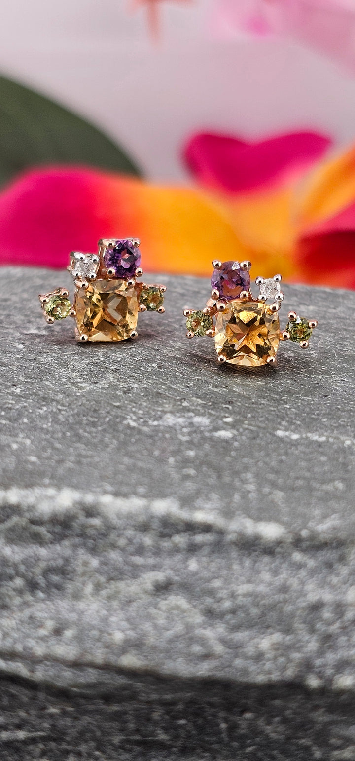 10k Rose Gold Natural Diamond and Gemstone Cluster Studs