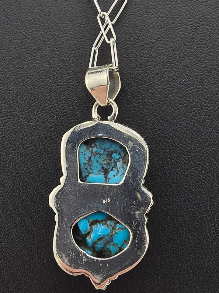 Raw Kingman Turquoise double stone 925 sterling silver pendant w/ 18" 3mm paperclip Chain